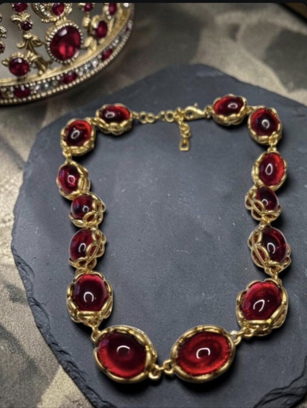 18k Gold Plated Mogul Byzantine Chunky Ruby Glass Caged Statement Necklace